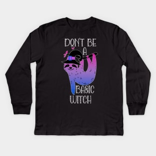 Bisexual Sloth Basic Witch Pun Halloween Bi Pride Colors Kids Long Sleeve T-Shirt